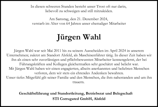 Traueranzeige von Jürgen Wahl von Lauterbacher Anzeiger