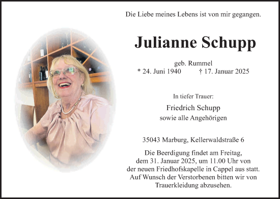 Traueranzeige von Julianne Schupp von Giessener Allgemeine, Alsfelder Allgemeine