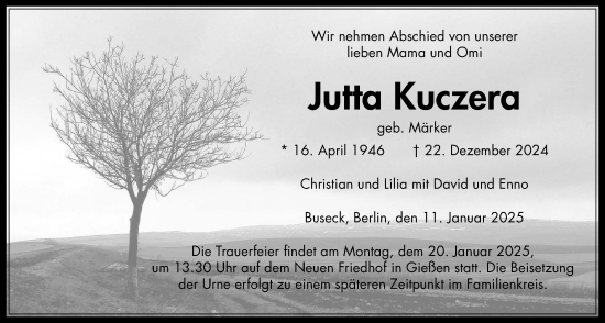 Traueranzeige von Jutta Kuczera von Giessener Anzeiger, Giessener Allgemeine, Alsfelder Allgemeine
