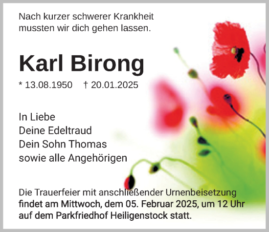 Traueranzeige von Karl Birong von Bad Vilbel/Karben