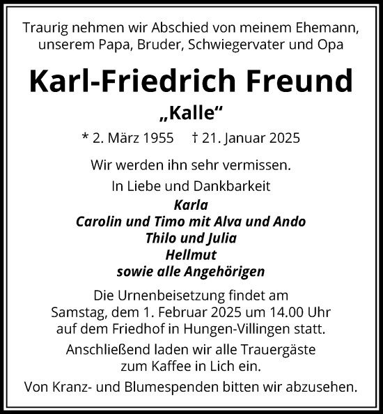 Traueranzeige von Karl-Friedrich Freund von Licher Wochenblatt