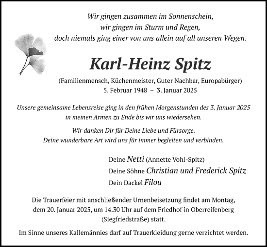 Traueranzeige von Karl-Heinz Spitz von Usinger Anzeiger