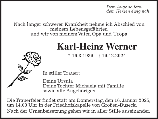 Traueranzeige von Karl-Heinz Werner von Giessener Allgemeine, Alsfelder Allgemeine