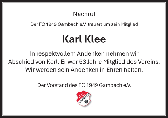 Traueranzeige von Karl Klee von Butzbacher Zeitung