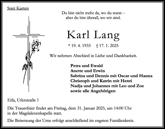 Traueranzeige von Karl Lang von Oberhessische Zeitung