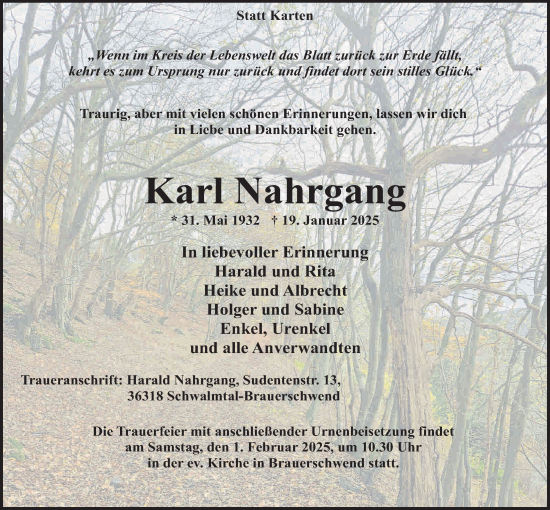 Traueranzeige von Karl Nahrgang von Oberhessische Zeitung