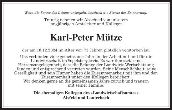 Traueranzeige von Karl-Peter Mütze von Lauterbacher Anzeiger, Oberhessische Zeitung
