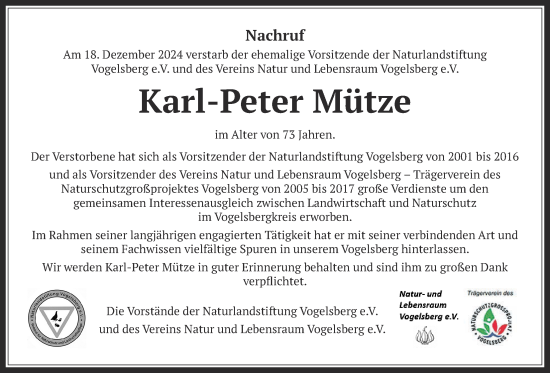 Traueranzeige von Karl-Peter Mütze von Lauterbacher Anzeiger, Kreis-Anzeiger, Alsfelder Allgemeine, Oberhessische Zeitung