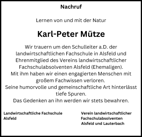 Traueranzeige von Karl-Peter Mütze von Lauterbacher Anzeiger, Oberhessische Zeitung
