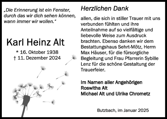 Traueranzeige von Karl Heinz Alt von Butzbacher Zeitung