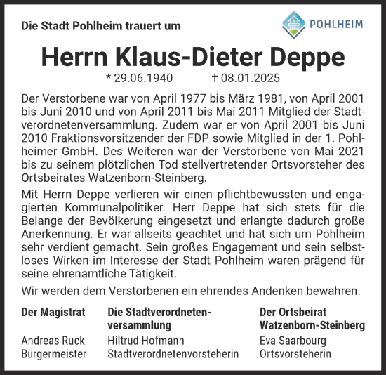 Traueranzeige von Klaus-Dieter Deppe von Pohlheimer Nachrichten