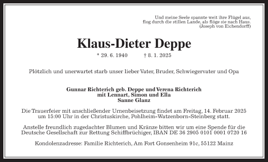 Traueranzeige von Klaus-Dieter Deppe von Giessener Anzeiger, Giessener Allgemeine, Alsfelder Allgemeine