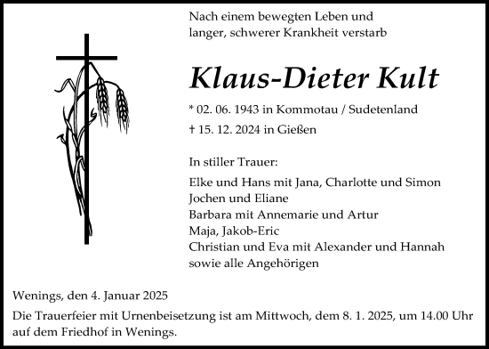 Traueranzeige von Klaus-Dieter Kult von Kreis-Anzeiger
