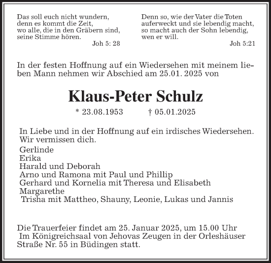 Traueranzeige von Klaus-Peter Schulz von Kreis-Anzeiger