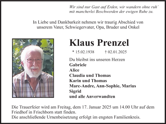 Traueranzeige von Klaus Prenzel von Lauterbacher Anzeiger