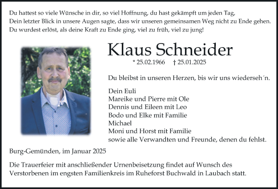 Traueranzeige von Klaus Schneider von Oberhessische Zeitung, Alsfelder Allgemeine