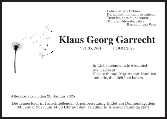 Traueranzeige von Klaus Georg Garrecht von Giessener Allgemeine, Alsfelder Allgemeine