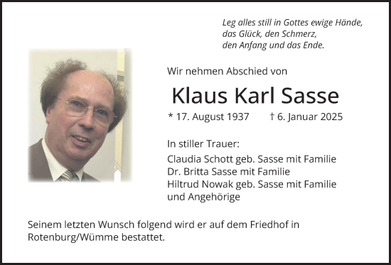 Traueranzeige von Klaus Karl Sasse von Wetterauer Zeitung