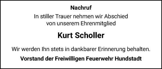 Traueranzeige von Kurt Scholler von Usinger Anzeigenblatt