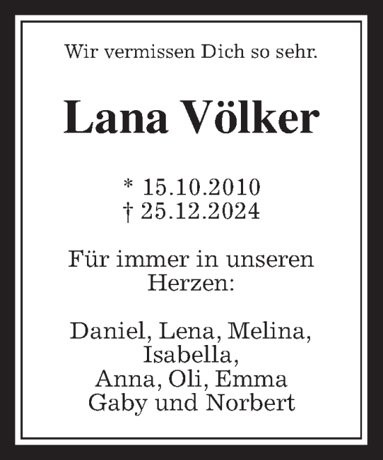 Traueranzeige von Lana Völker von Giessener Allgemeine, Alsfelder Allgemeine
