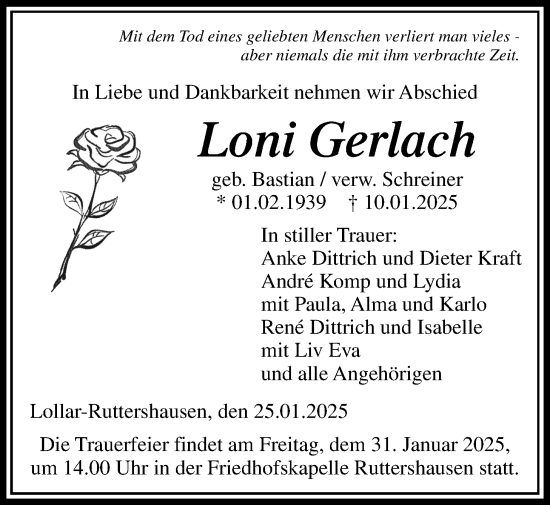 Traueranzeige von Loni Gerlach von Giessener Allgemeine, Alsfelder Allgemeine, Giessener Anzeiger