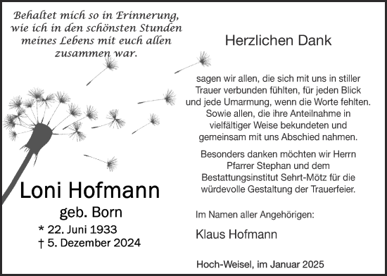 Traueranzeige von Loni Hofmann von Butzbacher Zeitung
