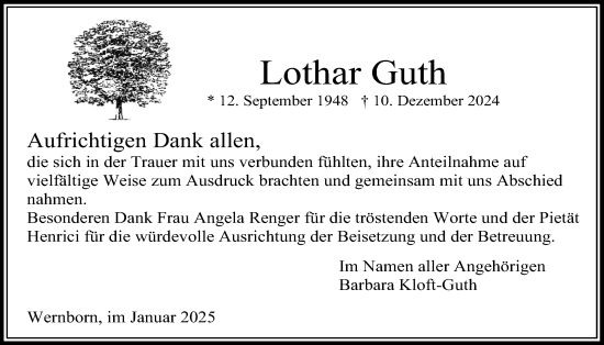 Traueranzeige von Lothar Guth von Usinger Anzeigenblatt