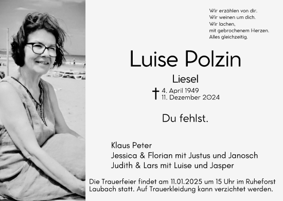 Traueranzeige von Luise Polzin von Giessener Anzeiger, Giessener Allgemeine, Alsfelder Allgemeine