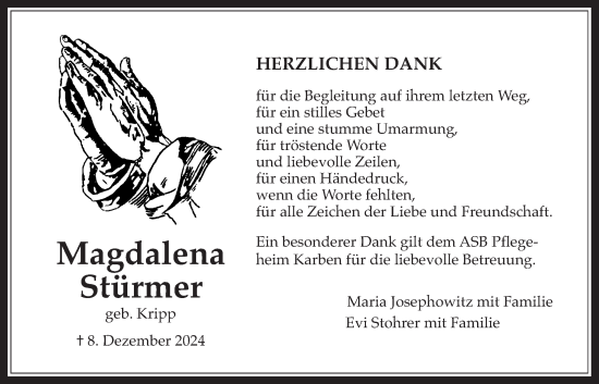 Traueranzeige von Magdalena Stürmer von Bad Vilbel/Karben