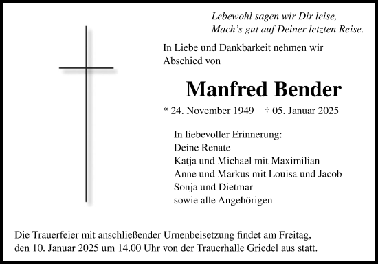 Traueranzeige von Manfred Bender von Butzbacher Zeitung
