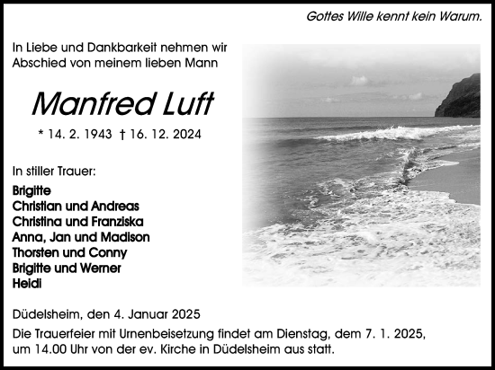 Traueranzeige von Manfred Luft von Kreis-Anzeiger