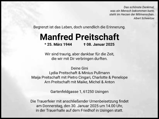 Traueranzeige von Manfred Preitschaft von Usinger Anzeiger