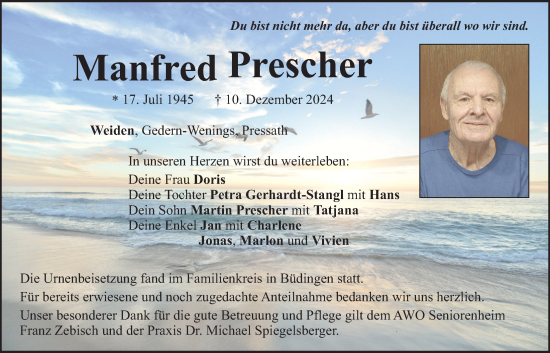 Traueranzeige von Manfred Prescher von Kreis-Anzeiger