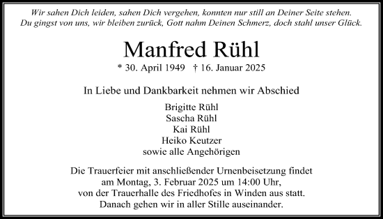Traueranzeige von Manfred Rühl von Usinger Anzeigenblatt