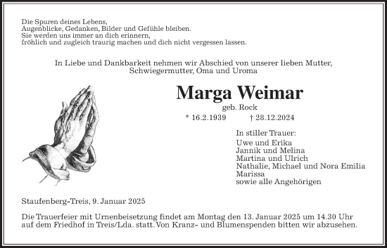 Traueranzeige von Marga Weimar von Giessener Allgemeine, Alsfelder Allgemeine