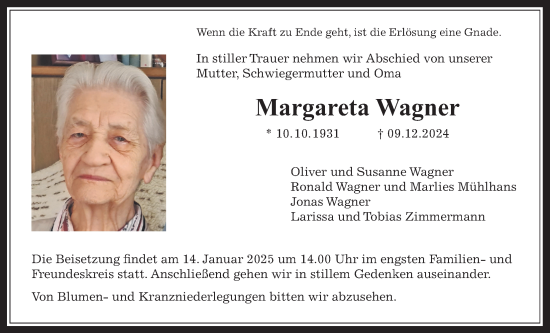 Traueranzeige von Margareta Wagner von Alsfelder Allgemeine, Oberhessische Zeitung