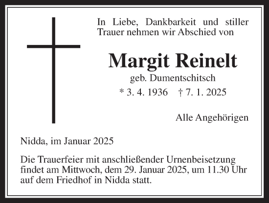 Traueranzeige von Margit Reinelt von Kreis-Anzeiger