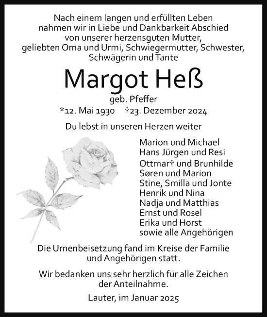 Traueranzeige von Margot Heß von Giessener Allgemeine, Alsfelder Allgemeine, Laubacher Anzeiger