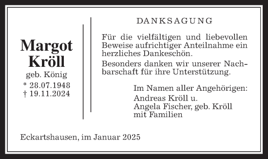 Traueranzeige von Margot Kröll von Kreis-Anzeiger