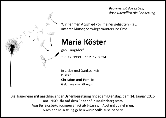 Traueranzeige von Maria Köster von Wetterauer Zeitung