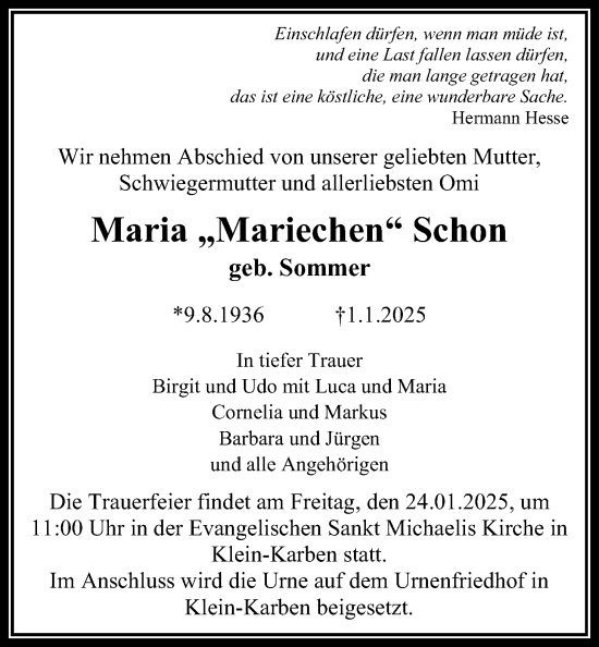 Traueranzeige von Maria Schon von Wetterauer Zeitung