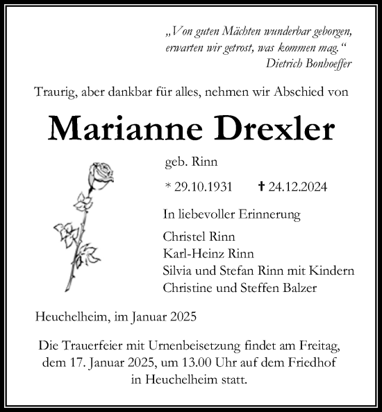 Traueranzeige von Marianne Drexler von Giessener Anzeiger, Giessener Allgemeine, Alsfelder Allgemeine