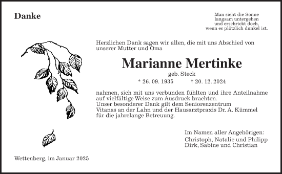 Traueranzeige von Marianne Mertinke von Giessener Allgemeine, Alsfelder Allgemeine, Giessener Anzeiger