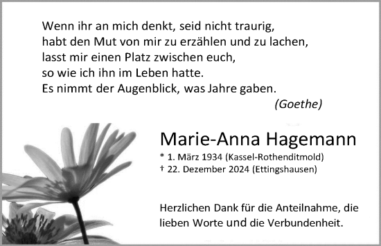 Traueranzeige von Marie-Anna Hagemann von Licher Wochenblatt