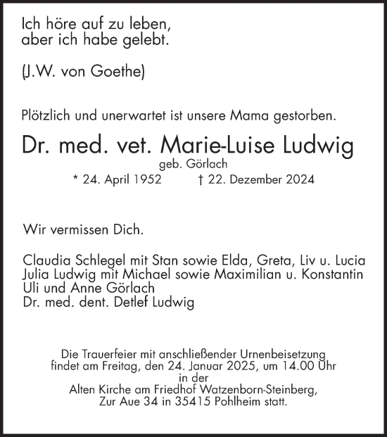 Traueranzeige von Marie-Luise Ludwig von Giessener Anzeiger