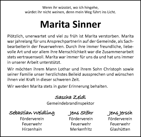 Traueranzeige von Marita Sinner von Kreis-Anzeiger