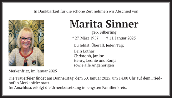 Traueranzeige von Marita Sinner von Kreis-Anzeiger