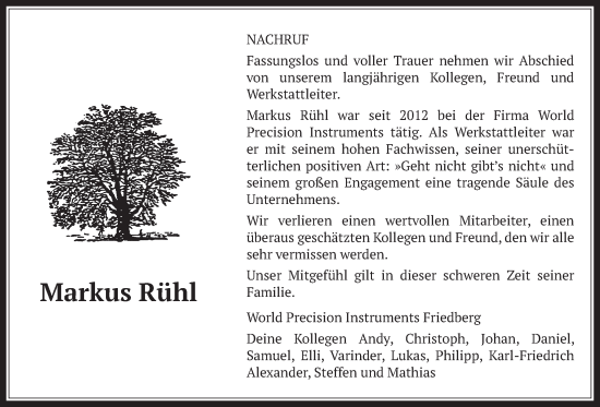 Traueranzeige von Markus Rühl von Wetterauer Zeitung, Butzbacher Zeitung