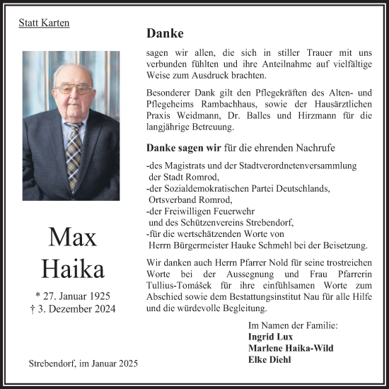 Traueranzeige von Max Haika von Oberhessische Zeitung