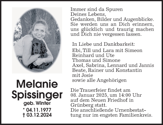 Traueranzeige von Melanie Spissinger von Giessener Allgemeine, Alsfelder Allgemeine, Wetterauer Zeitung